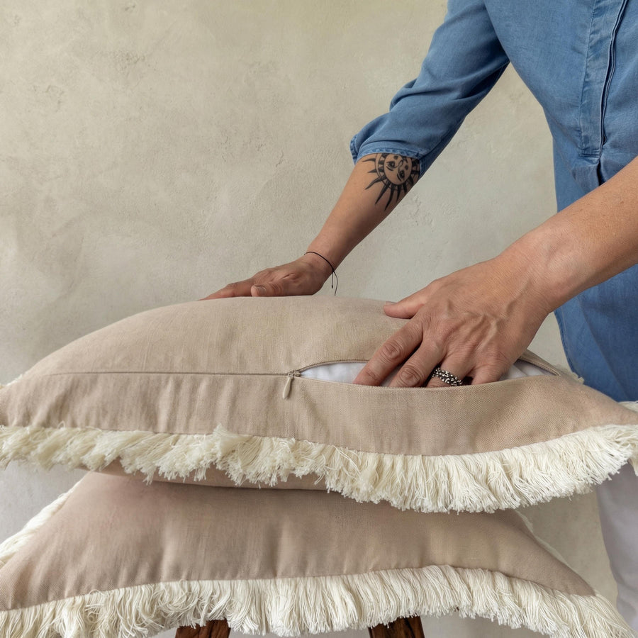 Housse de coussin en lin à franges, coussin décoratif