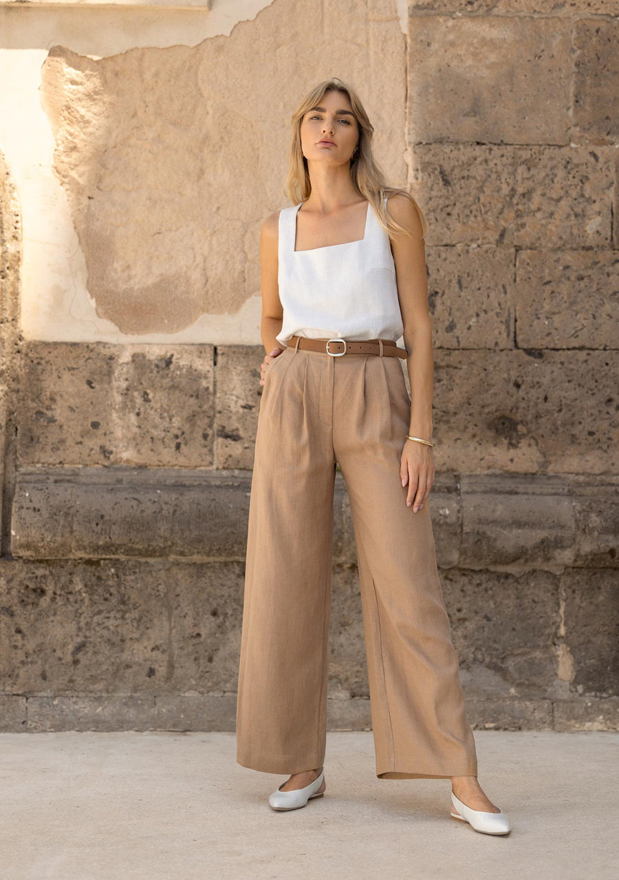 Pantalon chic décontracté beige à taille haute pour femme