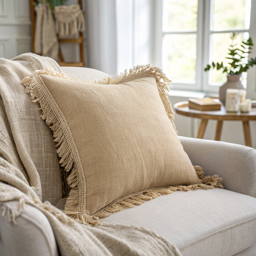 Housse de coussin en lin à franges, coussin décoratif