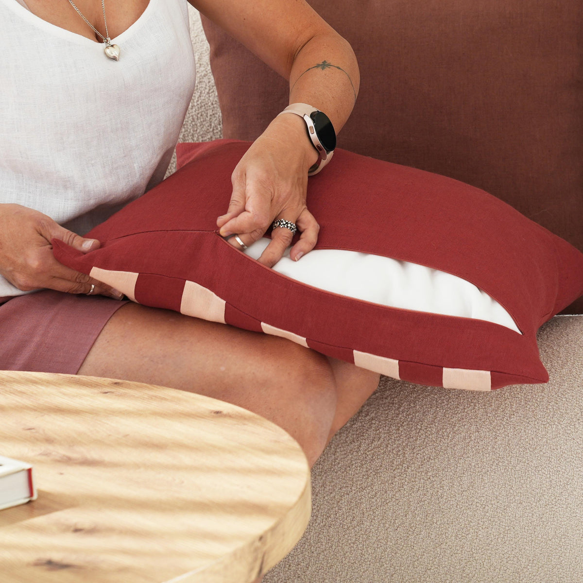 Coussin en lin à rayures, housse ou coussin complet