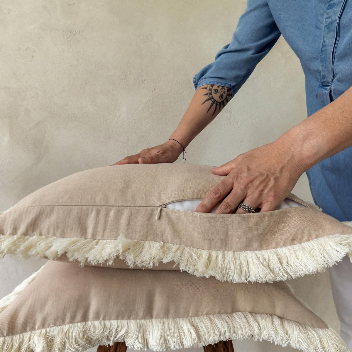 Housse de coussin en lin à franges, coussin décoratif